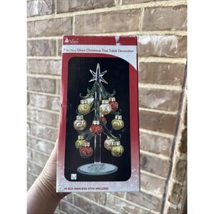 Hand Blown 7" Green Glass Christmas Tree w Colorful Ornament Balls Original Box